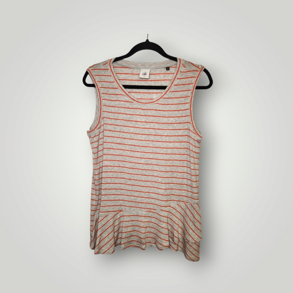 Cabi Striped Ruffle Tank Tangerine Orange Gray Womens Small Peplum Tank Top
